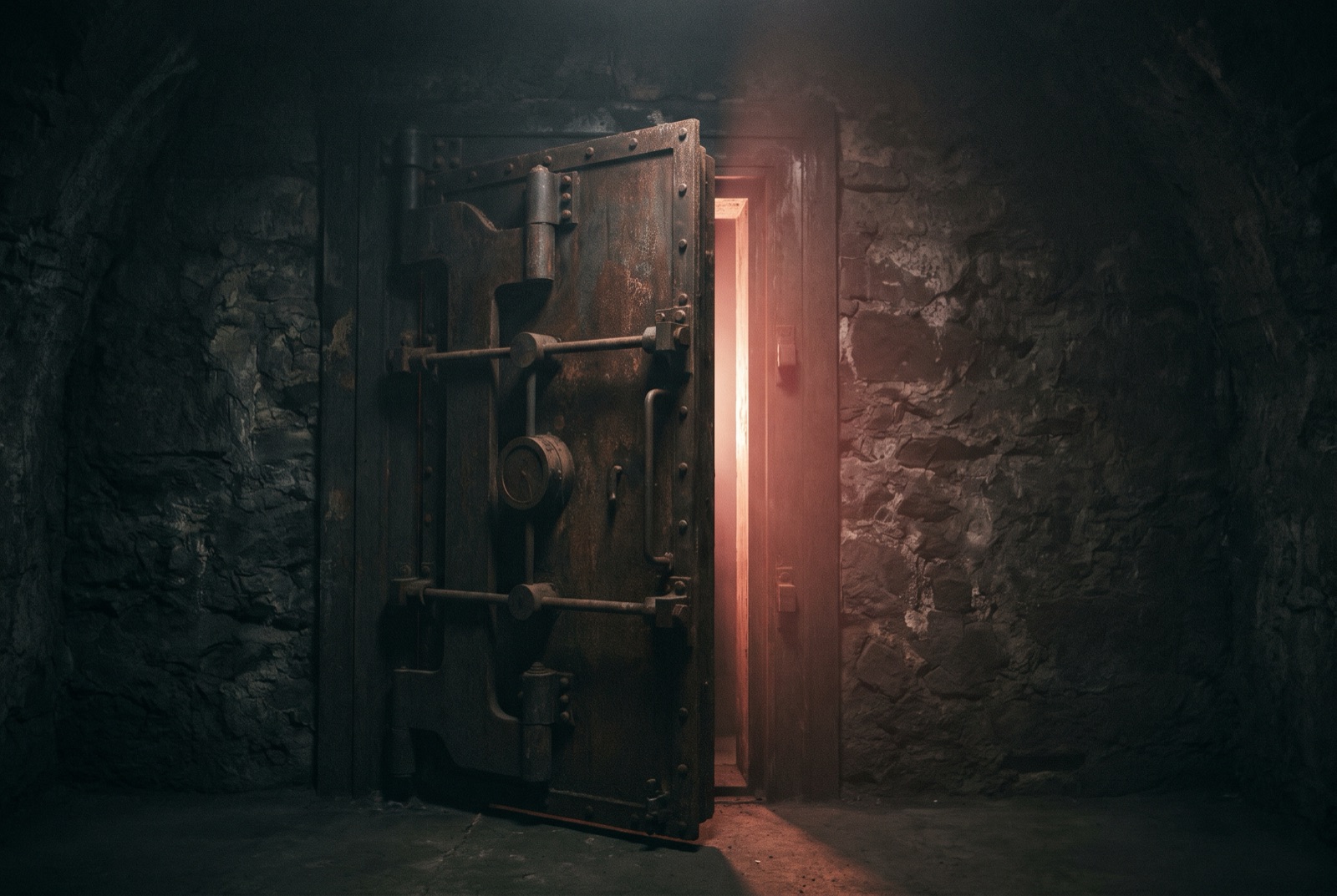 A heavy iron vault door standing slightly ajar, warm light cutting through the gap.