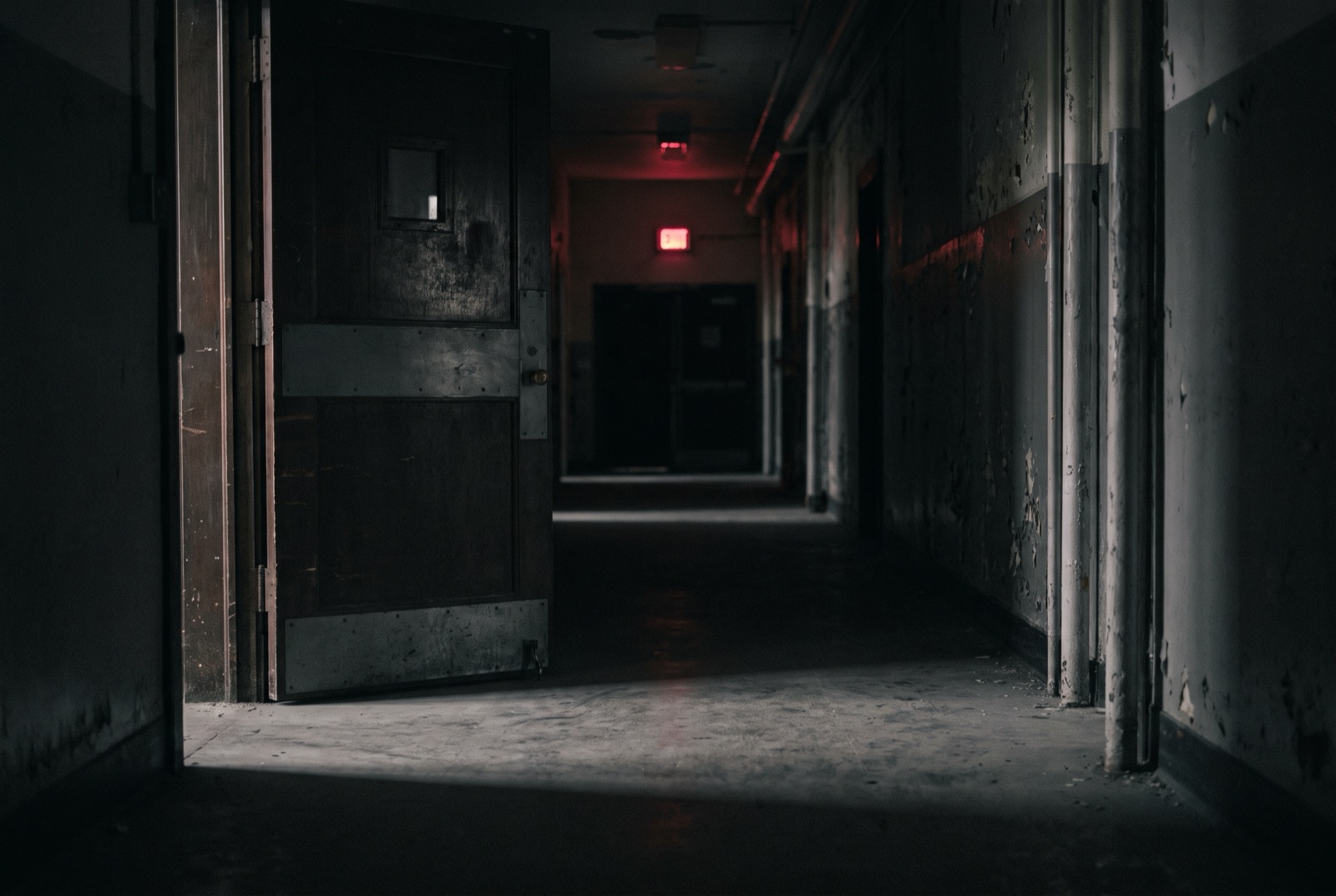 A door cracked open onto a long dim corridor fading into shadow.
