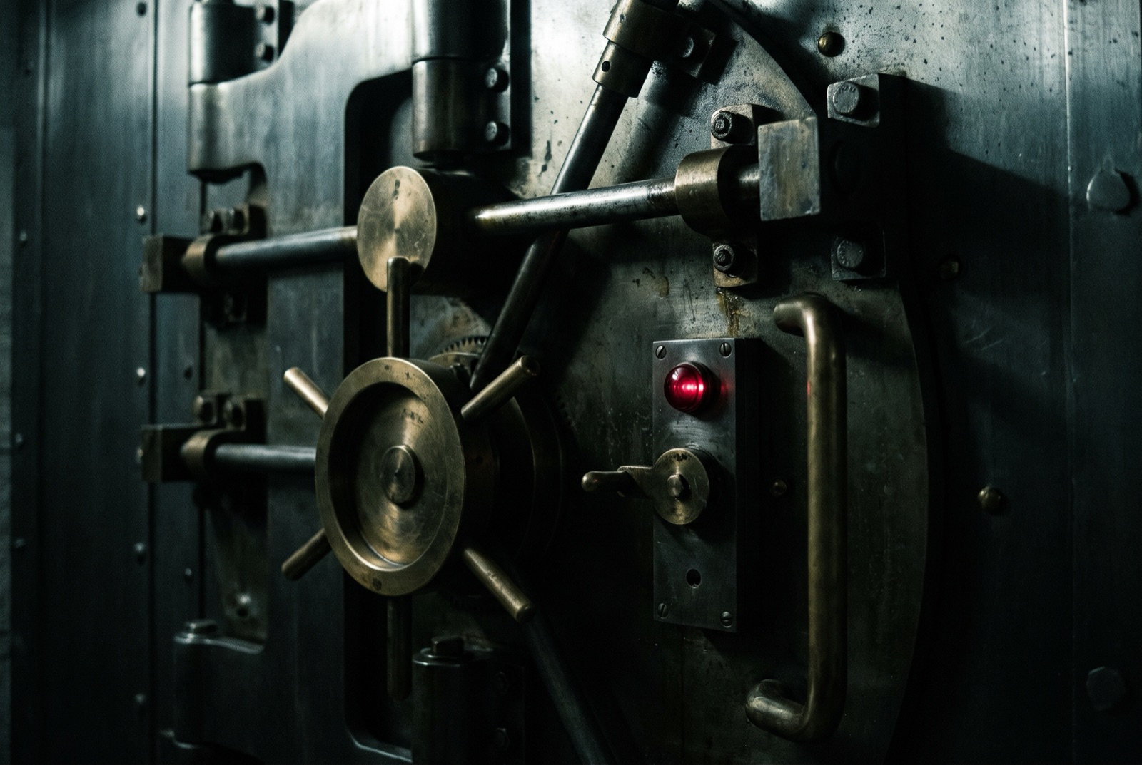 A colossal interlocking brass-and-steel vault mechanism in near-darkness.