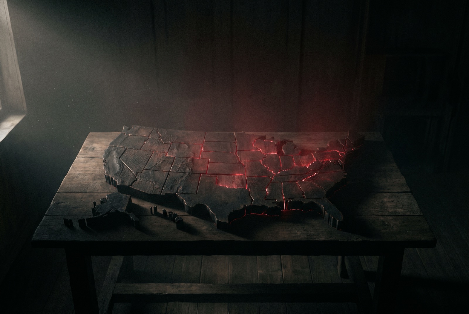 A dark relief map of the United States with a dozen states glowing crimson.