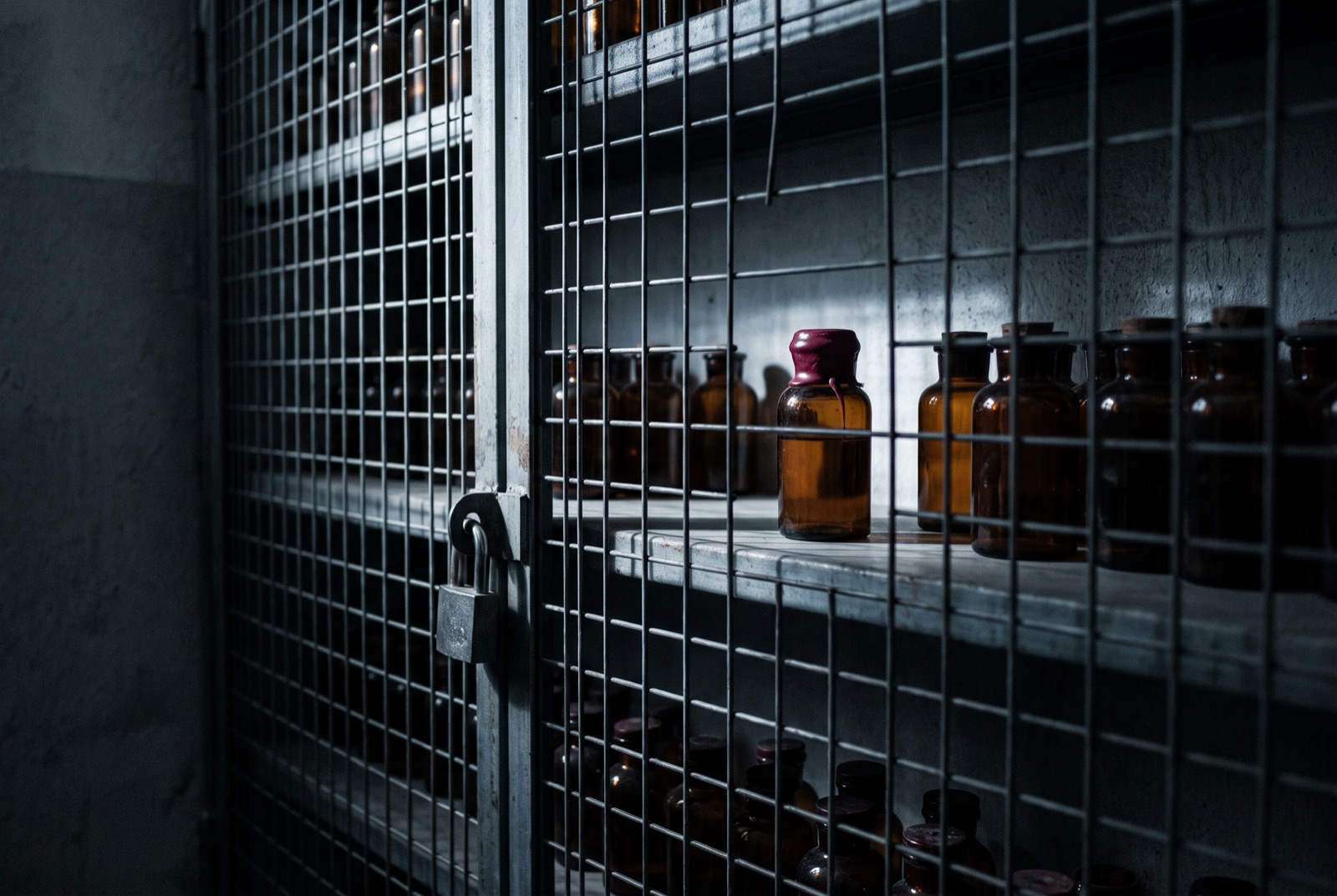 Amber glass vials locked behind a steel cage, one crimson cap in focus.