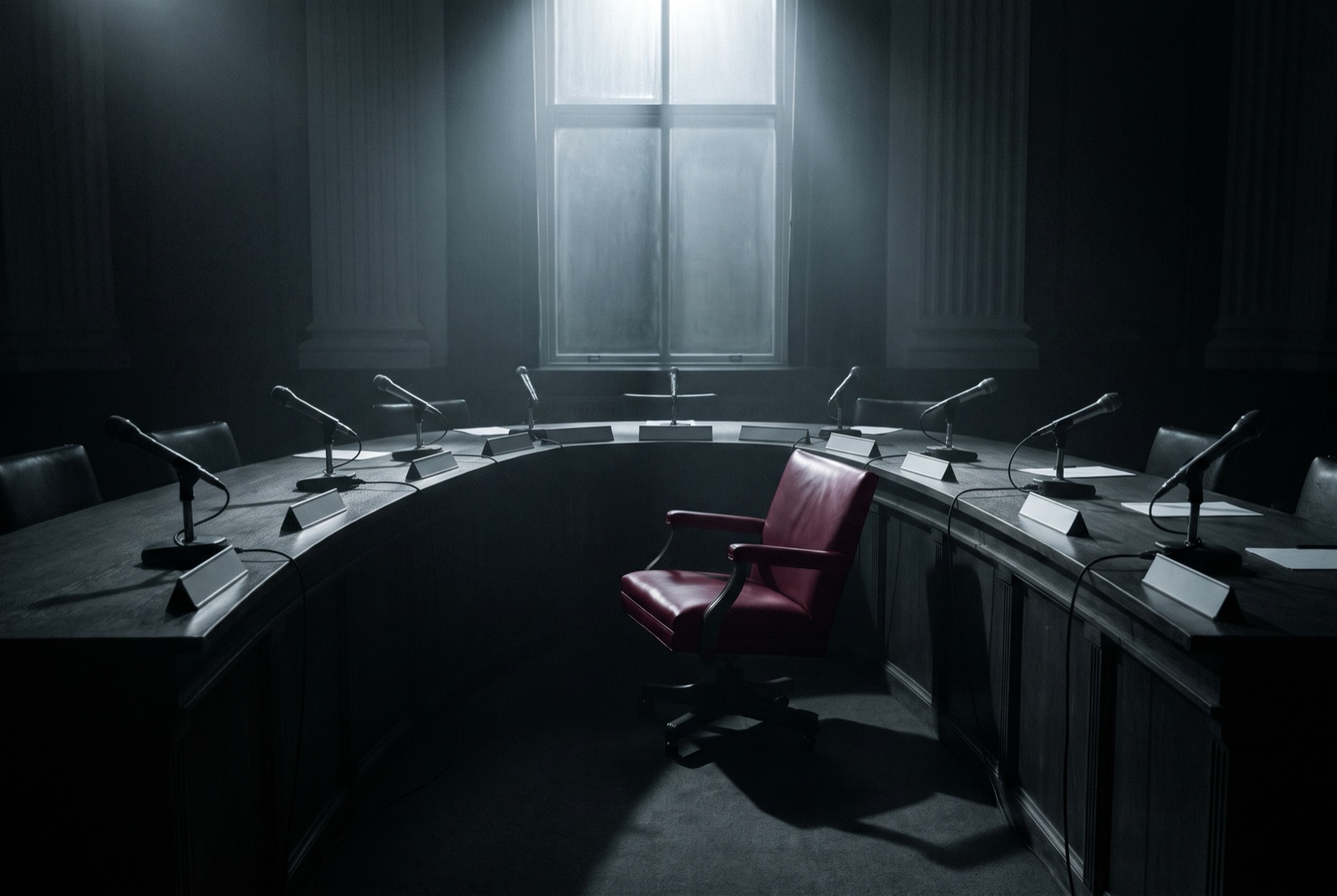 An empty government hearing room with a long table of microphones, one chair pushed back.