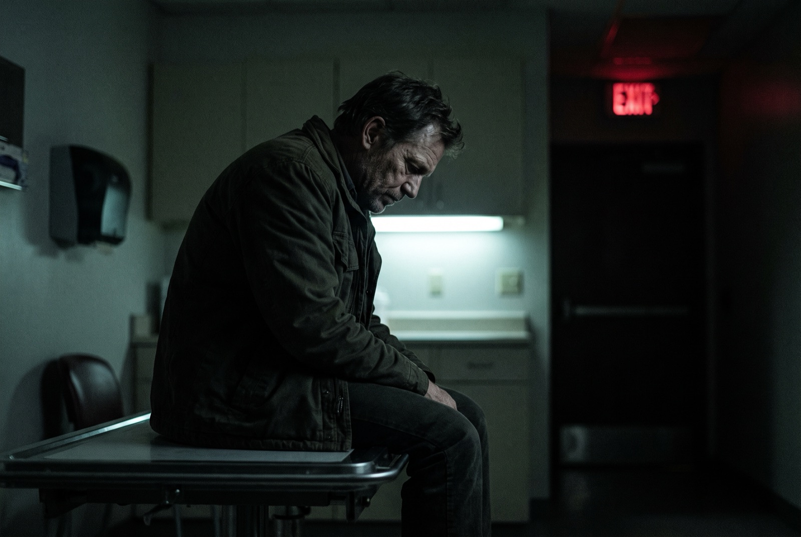 A weary man alone on the edge of an exam table in a dim clinic at night.